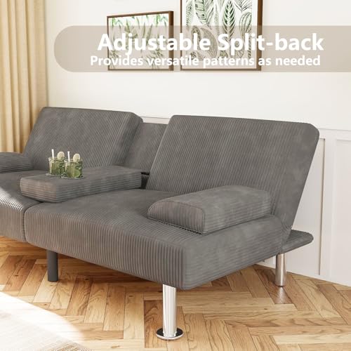 Green Corduroy Futon Sofa Bed with 2 Cup Holders R400428