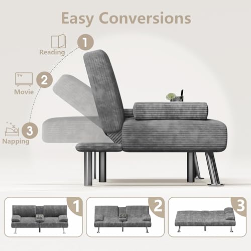 Green Corduroy Futon Sofa Bed with 2 Cup Holders R400428