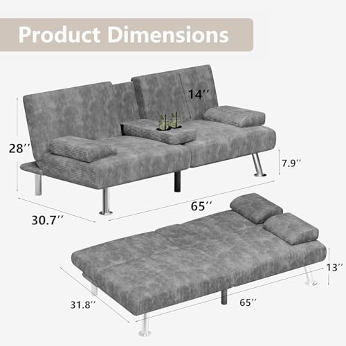 Green Corduroy Futon Sofa Bed with 2 Cup Holders R400428