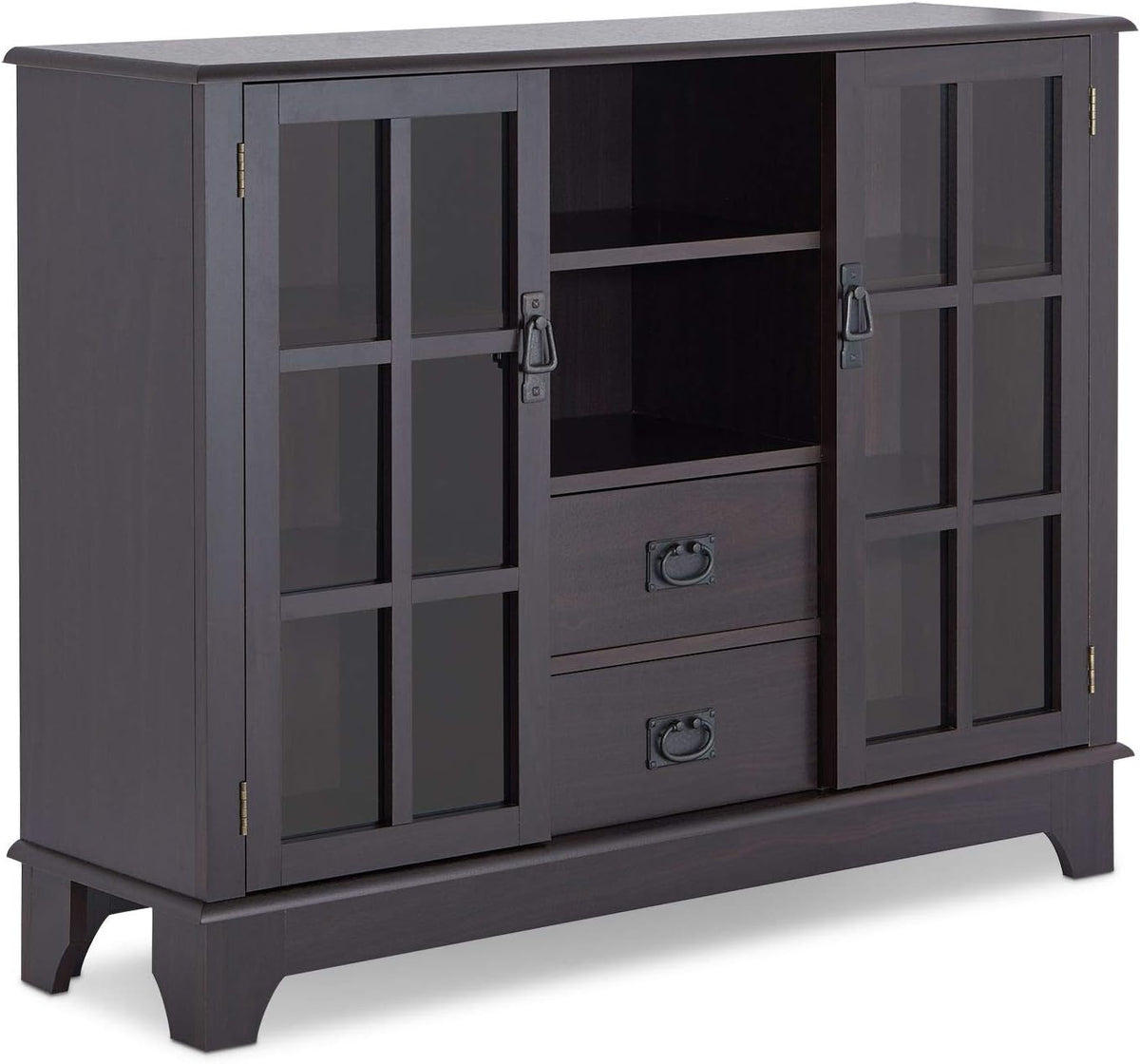 Contemporary Console Table Buffet Sideboard Storage Cabinet with 2-Drawer, 2 Open Compartments & 2 Glass Doors, 42 L x 12 W x 32 H (Espresso) J2550