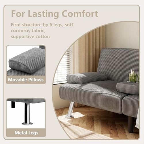 Green Corduroy Futon Sofa Bed with 2 Cup Holders R400428