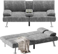 Green Corduroy Futon Sofa Bed with 2 Cup Holders R400428