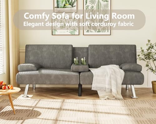Green Corduroy Futon Sofa Bed with 2 Cup Holders R400428
